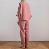 voordelige Stelt in-Dames Actief Basic Katoenen linnen overhemden Blouse Broeken Sets Lange mouw Strakke ronde hals Effen Kleur Buiten Uitgaan Blozend Roze Leger Groen Beige Zomer Normale pasvorm