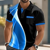 abordables Polo geométrico para hombre-Hombre Geométrico Línea Polo Manga Corta Cuello Vuelto Negocios Deporte Ropa Deportiva Casual Diario Botones Bolsillo Verano Azul cielo Rojo rubí Gris