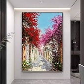 preiswerte Blumen-/Botanische Gemälde-handgemaltes Ölgemälde einer mediterranen Gasse – blühende Bougainvillea, goldenes Wald-Ölgemälde, handgemachtes Herbst-Ölgemälde, Landschaftsgemälde, Wandkunst für die Wohnzimmerdekoration