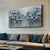 cheap Floral/Botanical Paintings-Handmade Original Blue Flowers Oil Painting On Canvas Abstract Tree Scenery Wall Art for Home Decor With Stretched Frame Without Inner Frame Painting