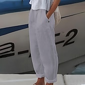 economico Pantaloni in lino e cotone semplici-Per donna Taglie Forti Pantaloncini in cotone e lino Pantaloni ispirati al lino Pantaloncini foderati Semplice Casual Comfort Lungo Naturale Colore Puro Micro-elastico Casa Streetwear Bianco Blu