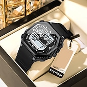 baratos Relógio Automático-Relógio esportivo digital masculino à prova d&#039;água com display LED quadrado, hora dupla, semana e data, pulseira de silicone, relógio de pulso casual
