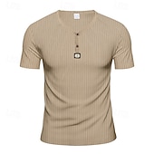 cheap Casual Henley Tee-Men&#039;s T Shirt Henley Shirt Tee Short Sleeve Shirt Short Sleeve V Neck Summer Plain Fashion Designer Basic Jacquard Vacation Street Going out Black White Khaki Top Tee for Men