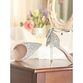 economico Formale-Scarpe da sposa con tacco a spillo e cinturino alla caviglia, con punta affilata e glitter argento, per spose ed eleganti occasioni nuziali