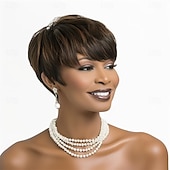 economico Parrucche di altissima qualità-Parrucche corte e ricce per donne nere, parrucca pixie cut per donne, parrucca nera con frangia e capelli corti, parrucche sintetiche ondulate naturali per donne nere.