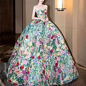 economico Abiti per feste da ballo-Abito da Ballo Quinceanera Elegante Abito Formale Matrimonio Lunghezza Piena Senza Maniche Senza Spalline Tulle Senza Schiena con Stampa Floreale Abito Ospite Matrimonio 2025