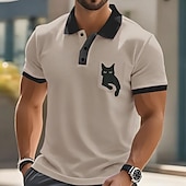 זול חולצת פולו קלאסית לגברים-בגדי ריקוד גברים חיה חתול פּוֹלוֹ שרוולים קצרים חולצות פולו חולצות עם צווארון עסקים מזדמנים בָּחוּץ בגדי ספורט ומנוחה לבוש יומיומי כפתורים הדפסת תלת מימד קיץ לבן ירוק בהיר חום בהיר