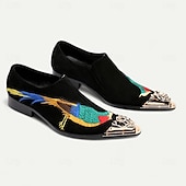ieftine Mocasini din piele premium-Mocasini bărbătești din catifea brodată, cu design colorat cu păsări și vârf metalic – pantofi eleganti de lux, fără mâneci, pentru petreceri și nunți