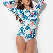 baratos Rash Guards de Uma Peça-Mulheres Anti Atrito roupa de banho Tropical Zíper Frontal Proteção Solar UV UPF50+ Secagem Rápida Manga Longa Roupa de Banho Roupa de banho Surfe Praia Esportes Aquáticos Verão