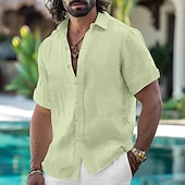 voordelige Vakantie-Voor heren Overhemd Linnen overhemd Zomer overhemd Button-down overhemd Normaal shirt Strand hemd Effen Kleur Vakantie Dagelijks Zwart Wit Blozend Roze blauw Korte mouw Kraag Zomer Kleding