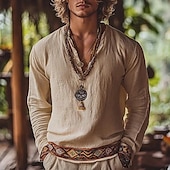 preiswerte Urlaub-Herren Hemd Leinenhemd Popover-Hemd Sommerhemd Strandbekleidung Retro-Shirts Geometrisch Urlaub Straße Khaki Langarm V Ausschnitt Sommer Frühling Bekleidung Ethnisch &amp; Religiös