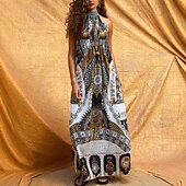 economico Abiti boho-Per donna Abito Lungo Maxi Abito Vestito Casual Vestito a ruota Moda All&#039;aperto Feste Ferie Vestibilità regolare Dipinto Senza Maniche All&#039;americana Bianco Estate