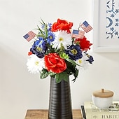 cheap Independence Day Decoration-Patriotic Artificial Flowers 4th of July Bouquet Fake Independence Day Red White and Blue Cemetery Flowers with American Flags Roses Daisy for Grave Memorial Day  Veterans Decoration