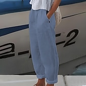 economico Pantaloni in lino e cotone semplici-Per donna Taglie Forti Pantaloncini in cotone e lino Pantaloni ispirati al lino Pantaloncini foderati Semplice Casual Comfort Lungo Naturale Colore Puro Micro-elastico Casa Streetwear Bianco Blu