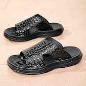 cheap Vacation Sandals-Men&#039;s Copper Faux Leather Slide Sandals with Embossed Crocodile Pattern and Black Cushioned Sole – Stylish Slip-On Sandals for Indoor Lounge, Poolside Relaxation, or Resort Wear