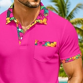 cheap Men's Classic Polo-Men's Polo Golf Shirt Casual Holiday Lapel Short Sleeve Fashion Basic Floral Hawaii Patchwork Pocket Summer Spring Regular Fit Black Fuchsia Turquoise Polo