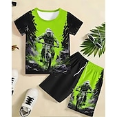 cheap Sets-2 Pieces Kids Boys Suit T-shirt &amp; Shorts Outfit Graphic Short Sleeve Crewneck Set Outdoor Sports Fashion Summer 4 years+ Black Green Light Blue