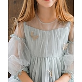 abordables Robes-Enfants Fille Robe Couleur Unie Manche 3/4 Extérieur Maille Adorable Coton Mi-long Robe Décontractée Robe en Tulle Été 4 ans et + Bleu Ciel