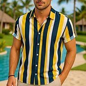 cheap Men&#039;s Button Up Shirts-Men&#039;s Summer Shirt Casual Shirt Bowling Shirt Button Up Shirt Yellow Red Blue Green Short Sleeve Color Block Stripes Turndown Vacation Hawaiian Patchwork Clothing Apparel Polyester Fashion Casual