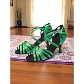 ieftine Pantofi Dans Latin-Pantofi de dans verzi pentru femei cu strasuri, cu design cu barete și toc înalt, pentru spectacole de dans profesionale
