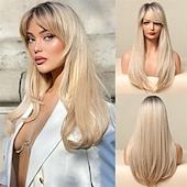 preiswerte Trendige synthetische Perücken-Ombre-Perücke in Gold mit Pony – langes glattes Haar mit dunklen Haarwurzeln und leichten Locken nach innen an den Enden – hitzebeständiges Kunsthaar für Frauen – ideal für alltägliche Partys und