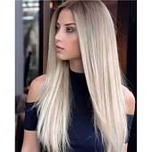 baratos Perucas Sintéticas sem Touca-Peruca loira ombré longa de aparência natural com raízes castanhas, sem cola, para mulheres, cabelo sintético liso e sedoso, resistente ao calor, 28 polegadas