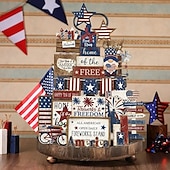 cheap Independence Day Decoration-Patriotic Tiered Tray Decor Set for 4th of July and Memorial Day, Rustic Wooden Red White Blue Signs, Vintage Farmhouse Independence Day Table Decorations, Glow Americana Party Decor