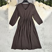 preiswerte Ausgefallene Kleider-Damen Midikleid Freizeitkleid Baumwoll-Leinenkleid Mode Modern Urlaub Täglich Ferien Normale Passform Einfach Langarm V Ausschnitt Braun Sommer