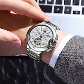abordables Relojes mecánicos-Reloj de lujo para hombre, con tourbillon hueco, automático, mecánico, resistente al agua, con fecha y semana, de acero inoxidable.