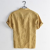 cheap Business Casual-Men&#039;s Shirt Linen Shirt Popover Shirt Summer Shirt Beach Wear Casual Shirt Solid Color Vacation Street Black White Yellow Green Short Sleeve Shirt Collar Summer Spring Clothing Apparel Pocket