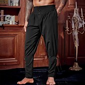 baratos Lar-Homens Calças de linho Calças Calça verão Calça casual Calças Piratas Cintura elástica Perna Cordão Tecido Conforto Respirável Comprimento total Férias Festa Casual Estilo Étnico Retro Vintage Preto