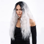 baratos Perucas Sintéticas sem Touca-Perucas sintéticas Ondulado Onda Profunda Corte em Camadas Com Franjas Fabrico à Máquina Peruca 28 polegadas A1 Cabelo Sintético Mulheres Clássico Confortável Cores Gradiente Branco