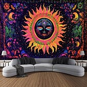 Недорогие Черные гобелены-Boho ткань с черным светом светящаяся в темноте вечеринка УФ-реактивное солнце и луна триппи туманные грибы природный пейзаж подвесная ткань настенное искусство фреска для гостиной спальни