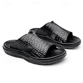 cheap Vacation Sandals-Men&#039;s Copper Faux Leather Slide Sandals with Embossed Crocodile Pattern and Black Cushioned Sole – Stylish Slip-On Sandals for Indoor Lounge, Poolside Relaxation, or Resort Wear