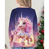 billiga Flickans 3D-tecknad film-Flickor 3D Enhörnings T-shirt Långärmad Vår Höst Mode Grundläggande Barn 4-12 år Rund hals Utomhus Ledigt Dagligen Normal