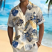 billige Tropiske planter-Herre Palmeblad Tropiske planter Hawaii skjorte Skjorte med knapper Aloha skjorte Kortermet Hawaiisk Ferie Strand Klær Sommer Vår Aftæpning 3D-utskrift krage skjorter Front One Lomme Svart Grønn