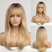 voordelige Synthetische trendy pruiken-lange blonde pruiken voor vrouwen rechte pruiken met pony synthetisch gelaagd haar pruik met donkere wortels