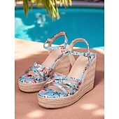 billiga Kvinnor-Damsandaler med blommönster och remmar, kilklack och justerbar vristrem, bekväma och snygga för sommar, strand och semester