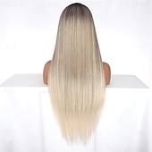 baratos Perucas Sintéticas sem Touca-Peruca loira ombré longa de aparência natural com raízes castanhas, sem cola, para mulheres, cabelo sintético liso e sedoso, resistente ao calor, 28 polegadas