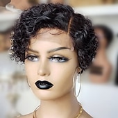 economico Parrucche lace front capelli veri-Parrucca bob con capelli umani, parrucche corte frontali in pizzo per donne nere, parrucca con capelli umani, taglio pixie, parrucca pre-pizzicata con parte a T e pizzo frontale con capelli per