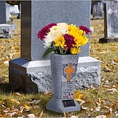 baratos Luzes de paisagem-Vaso solar para cemitério com LED para flores frescas/artificiais, vasos para lápides com pontas, decoração para lápides, presentes memoriais para a perda de um ente querido