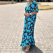 billiga Casual blommiga klänningar-Dam Långklänning Maxiklänning Vardagsklänning Swingklänning Mode Utomhus Fest Helgdag Normal Blomma Kortärmad V-hals Svart Blå Sommar