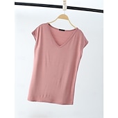 billige Plain t-skjorte-Dame Bluse Helfarge Stilfull Fritid Kortermet V-hals Vanlige topper Daglig Svart Hvit Rosa Rød Marineblå Sommer Vår