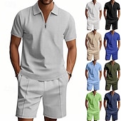 voordelige Klassieke polo voor heren-Voor heren Wafel Poloshirts Polo met kwartrits Dagelijks Feestdagen Revers Korte mouw Modieus Basic Effen 2-stuks Zomer Normale pasvorm Zwart Wit Marineblauw Koningsblauw Groen Khaki Wafel Poloshirts