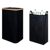 abordables Contenedor de reciclaje-Contenedor de reciclaje para cocina, interior y hogar, bote de basura plegable de 100 l/26,5 galones con marco de bambú, bolsas interiores extraíbles, tela Oxford, abertura superior redonda,