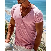 Men's T Shirt Henley Shirt Tee Short Sleeve Shirt Short Sleeve V Neck Summer Plain Fashion Designer Basic Buttons Vacation Street Going out Pink Top Tee for Men4