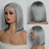 economico Parrucche lace front capelli veri-parrucca frontale in pizzo con capelli umani grigi 13x4, parrucca corta e liscia in pizzo con densità del 150%