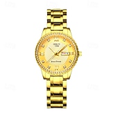 baratos Relógios Quartz-o novo relógio de quartzo luminoso com pulseira de aço com calendário duplo incrustado de diamantes para senhora é um relógio de pulso esportivo simples e versátil