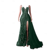 baratos CINZA-Sereia  Vestido de Noite Trompete Vestido Elegante Festa de Gala Traje de Corte Sem Mangas Alças Finas Com Lantejoulas e Pérolas