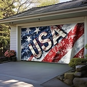 お買い得  ガレージとドアのバナー-4th of Julyドア装飾ガレージドアカバー、アメリカの愛国的なワシの屋外バナー、大規模バックドロップ、ホリデー屋外ガレージドアの家の壁の装飾